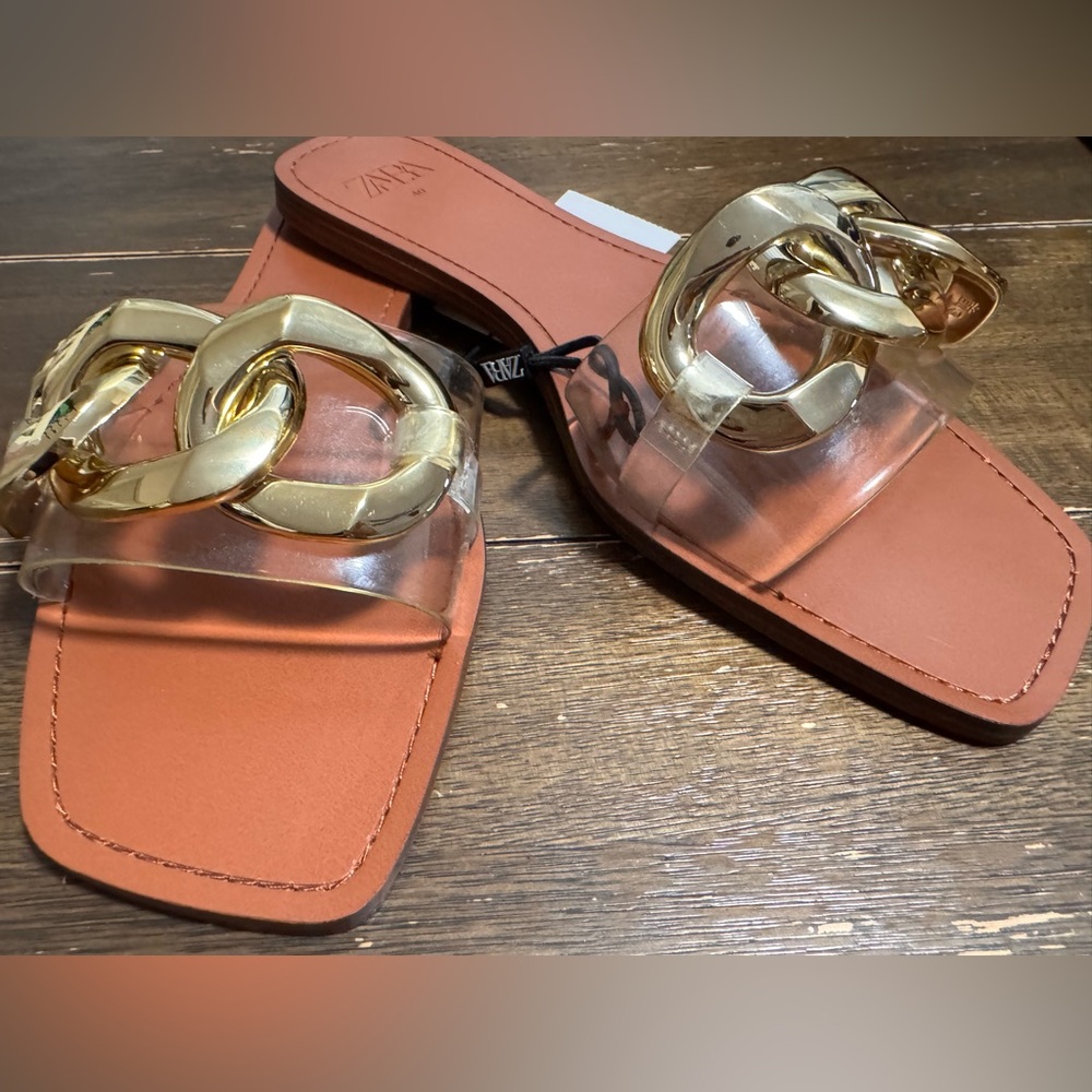 Zara Gold Chain Link Flat Sandals size 9 - Picture 8 of 10